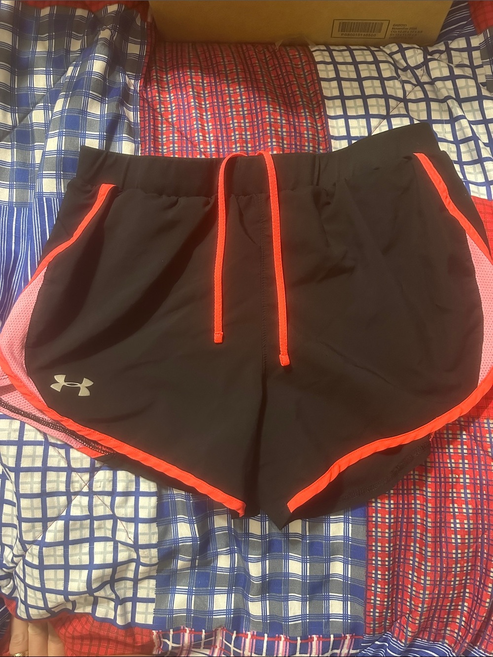 Under Armour Women's Medium Loose Fit Black Shorts with Orange and Pink Trim